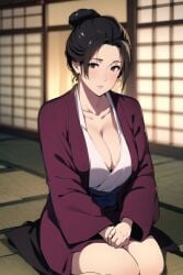 ai_generated big_breasts black_eyes black_hair blush cleavage emma_(sekiro) female female_only fromsoftware hair_bun haori japanese_clothes kimono looking_at_viewer seiza sekiro:_shadows_die_twice sitting solo stable_diffusion tatami