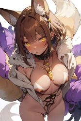 accessories ai_generated animal_ears anime breasts brown_hair demihuman faraday_(yellow_fire) female fennec_ears fur i_don't_like_it looking_at_viewer naked pussy solo tail yellow_eyes