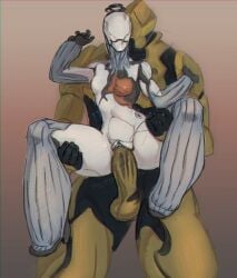 1boy 1girls breasts erect_nipples hips large_penis larger_male long_penis nova_(warframe) penis rhino_(warframe) sex simple_background skele_guy small_breasts straight testicles thick_penis thick_thighs thighs vagina vaginal_juices warframe