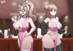 2girls akamatsu_kaede alternate_costume alternate_hairstyle alternate_version_available areola_slip areolae big_breasts blonde_hair blue_eyes busty champagne_glass choker cleavage danganronpa danganronpa_v3 dress ear_piercing female female_only full_cleavage glasses glasses_on_head hair_between_eyes hair_ornament hair_ribbon hourglass_figure huge_breasts iruma_miu large_breasts looking_at_viewer multiple_girls nail_polish navel naver new_danganronpa_v3 ponytail purple_eyes revealing_clothes smile thick_thighs thighhighs thighs voluptuous voluptuous_female wink