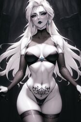 ai_generated black_choker black_fishnet_pantyhose black_lipstick black_thighhighs choker disney disney_princess elsa_(frozen) fit fit_female frozen_(film) goth gothified hylian_r34 lingerie outdoors outside platinum_blonde_hair pubic_tattoo unstable_diffusion