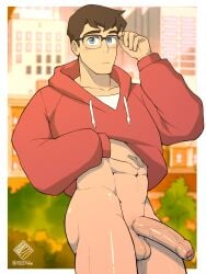 0027woo 1boy abs absurdres balls black_hair blue_eyes blush bottomless clark_kent dc_comics erection foreskin glasses highres hood hood_down hoodie loose_foreskin male male_focus male_only muscular muscular_male my_adventures_with_superman navel penis red_hoodie short_hair solo solo_focus solo_male superman_(series) testicles twitter_username uncircumcised unretracted_foreskin