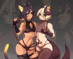 2boys animal_ears black_gloves black_hair black_panties black_shirt black_thighhighs blonde_hair blush brown_panties cat_boy cat_ears cat_tail catboy cleavage_cutout clothing_cutout collar commission cowboy_shot crop_top crown dark-skinned_male dark_skin dragon_boy dragon_horns dragon_tail erection fingerless_gloves gloves grey_shirt hair_between_eyes highres holding holding_leash horns large_penis leash leash_on_penis mini_crown moxxiesiix multiple_boys multiple_penises mythrunadraw original otoko_no_ko panties penis second-party_source shirt short_hair sleeveless sleeveless_shirt spiked_collar spikes tail thighhighs uncensored underwear virtual_youtuber yellow_eyes zoom_layer