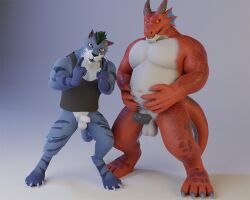 3d_(artwork) afao anthro babawolf balls belly big_belly bottomless clothed clothing digital_media_(artwork) dragon duo felid feline frill_(anatomy) genitals hands_on_belly head_crest head_frill horn humanoid_genitalia humanoid_penis kemono male male/male mammal nifans nude penis scalie shirt tank_top topwear western_dragon