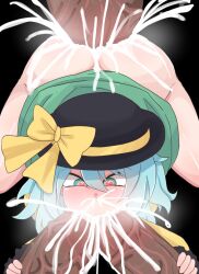 blue_hair blush cum double_barrel_blowjob double_fellatio ejaculation fellatio heart-shaped_pupils horsecock koishi_komeiji nimtra touhou triple_penetration