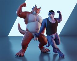 3d_(artwork) afao anthro babawolf balls belly big_belly blep bottomless clothed clothing digital_media_(artwork) dragon duo felid feline flexing frill_(anatomy) genitals head_crest head_frill holding_penis horn humanoid_genitalia humanoid_penis kemono looking_at_viewer male male/male mammal nifans nude penis scalie shirt tank_top tongue tongue_out topwear western_dragon