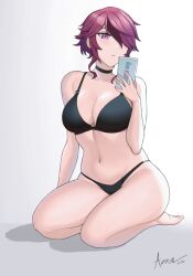 1girls aori_sora big_breasts bikini breasts choker cleavage female genshin_impact hair_over_one_eye navel phone purple_eyes purple_hair rosaria_(genshin_impact) solo thighs