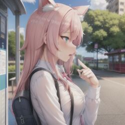 ai_generated animal_ears backpack big_breasts bus_stop confused hi_res hoshino_hikari long_hair original_character pink_hair scared tagme tight_clothing user_lovespike