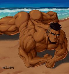 all_fours ass back back_muscles bara beach beard big_ass big_muscles big_pecs black_hair daddy dark-skinned_male dark_skin dilf gay hairy_ass human male male_only mohawk muscular muscular_human muscular_male ne0_navi nude ocean pecs sand sandals signature solo water yaoi