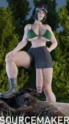 1futa 3d abs bikini bikini_top black_shorts bulge cap ela_(rainbow_six) forest futa_only futanari goggles goggles_on_headwear green_bikini green_bikini_top green_hair green_nails headgear headphones hiking hiking_boots huge_breasts huge_cock long_penis looking_at_viewer muscular muscular_futanari painted_nails pale_skin penis_through_leghole polish rainbow_six_siege shorts six_pack solo solo_futa sourcemaker thick_thighs tree tree_trunk trees treestump