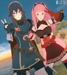 2girls 3d blue_eyes blue_hair breasts fefreak726 female female_only fire_emblem fire_emblem:_three_houses fire_emblem_awakening hilda_valentine_goneril large_breasts looking_at_viewer lucina_(fire_emblem) medium_breasts multiple_girls nintendo outdoors pink_eyes pink_hair ponytail smile symbol-shaped_pupils tiara v