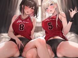 2girls armband bare_shoulders basketball_uniform bed bed_sheet blonde_hair blush breasts brown_hair cameltoe commentary_request covered_nipples curtains large_breasts long_hair looking_at_viewer midriff multiple_girls navel on_bed original pillow short_hair sportswear spread_legs spread_pussy_under_clothes steaming_body sweat thighs toned yuyu_(yuyuworks)