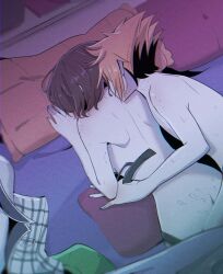 altrfhq bedroom bite_marks biting blanket clothes_on_bed cum_in_pussy cum_inside cumming_inside cumshot_in_pussy in_bed neku_sakuraba penetration pillows rg_shiki shiki_misaki striped_clothing the_world_ends_with_you