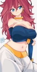 absurd_res android_21 android_21_(good) android_21_(human) arm_under_breasts big_breasts blue_eyes brown_hair cute dragon_ball dragon_ball_z gold_jewelry long_hair omochi_db