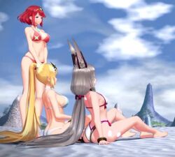 3d 3girls alternate_costume animal_ears animated ass bare_legs barefoot beach belly bikini bikini_bottom bikini_top blender blonde_hair bra breasts catgirl clothing core_crystal female humanoid jewelry jiggle jiggling_breasts large_breasts long_hair looking_at_another looking_at_viewer mythra mythra_(xenoblade) navel nia nia_(xenoblade) no_sound nodusfm pale_skin panties ponytail pov pyra pyra_(xenoblade) red_hair sideboob sitting sitting_down sitting_on_ground sky smile smiling_at_another smiling_at_viewer standing swaying swaying_breasts swimwear tagme tiara twintails video viewer_perspective xenoblade_(series) xenoblade_chronicles_2