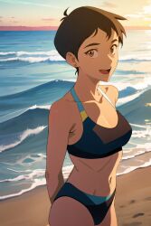 ai_generated beach bikini brown_eyes brown_hair dark-skinned_female dc dcau doublequack female lois_lane lois_lane_(my_adventures_with_superman) looking_at_viewer my_adventures_with_superman short_hair slim_female solo stable_diffusion superman_(series)