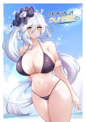 1girls arms_behind_back bikini cleavage cygames dragalia_lost female female_only frostfiresoul grace_(dragalia_lost) hips large_breasts long_hair nintendo nipple_bulge silver_hair summer swimsuit swimwear widow yellow_eyes