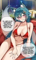 1girls aqua_hair bikini breasts dialogue english_text female fluffy_ears fluffy_tail fox_ears fox_girl fox_tail foxy_rain_(foxyreine) foxyrain foxyrain_(foxyreine) foxyreine hips honkai:_star_rail honkai_(series) huge_breasts indoors kemonomimi kitsune light-skinned_female light_skin long_hair purple_eyes red_bikini smile tail thick_thighs thighs wide_hips yukong_(honkai:_star_rail)