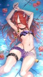 arms ass breasts eyes face female floating full_body hair hoozuki_warabe horns humanoid kajimakoto legs limbs long_hair noripro red_hair short_pants swimming tagme thong_above_shorts thong_straps virtual_youtuber