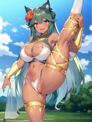 ai_generated aisha_elpusa bikini_top blue_hair cat_ears catgirl cleavage dark-skinned_female gauntlets hair_flower hand_on_leg hentai high_resolution highres huge_breasts jewel leg_bracelet leg_up long_hair nai_diffusion purple_eyes renseijutsushi_collet_no_h_na_shibo_shirage_monogatari revealing_clothes skyrimgamer17 spread_legs stable_diffusion