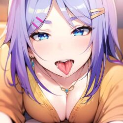 ai_generated blue_eyes cleavage close-up earrings hair_ornament hairclip half-closed_eyes high_resolution highres huge_breasts juvenile_pornography_the_animation long_hair mature_female nai_diffusion necklace onee-san pov purple_hair saliva_string seductive_look shiny_clothes shiny_hair shiny_skin skyrimgamer17 stable_diffusion tongue_out