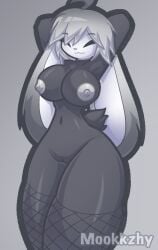 2023 ahoge anthro breasts bunny bunny_girl closed_eyes clothed clothing female fishnet fur genitals grey_body grey_fur hair hi_res lagomorph leporid mammal mookkzhy navel nipples portrait pussy rabbit silver_hair smile solo three-quarter_portrait topless wide_hips