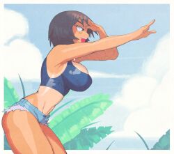 azumanga_daiou big_butt blue_clothing booty_shorts dengeki_daioh denim_shorts female inkuusan kagura_(azumanga_daiou) large_breasts looking_away outside pointing short_hair short_shorts shorts side_view solo solo_female tagme tank_top tanned_skin thick_thighs tomboy toned_female tv_tokyo white_background