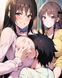 1boy 2girls ai_generated black_hair brown_eyes brown_hair cleavage_cutout dekakute_ecchi_na_ore_no_ane face_in_breasts hentai high_resolution highres huge_breasts looking_at_viewer nai_diffusion segawa_tsukino segawa_yuki sisters skyrimgamer17 smothering stable_diffusion sweater yellow_shirt