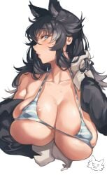 animal_ears aqua_eyes areola_slip bikini black_hair breasts collarbone female grey_wolf_(kemono_friends) huge_breasts iparuputsua jacket kemono_friends micro_bikini nipple_bulge nipples striped_bikini sweat