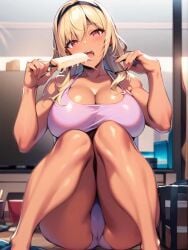 ai_generated baka_dakedo_chinchin_shaburu_no_dake_wa_jouzu_na_chii-chan blonde_hair cameltoe cleavage curvy dark-skinned_female high_resolution highres huge_breasts ice_cream indoors legs_up nai_diffusion pink_eyes pink_panties pink_tank_top shiina_chieri shiny_skin skyrimgamer17 stable_diffusion tank_top