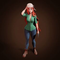 3d 3d_animation 3d_model animated animated_gif axe big_ass boots crisisbeat disney freckles fully_clothed gravity_falls green_eyes green_shirt jeans looking_at_viewer plaid_shirt red_hair sfw straight_hair turntable_(animation) wendy_corduroy