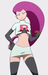 1girls black_gloves black_legwear blue_eyes calamitycolon earrings green_earrings jessie_(pokemon) light-skinned_female lipstick long_hair magenta_hair midriff miniskirt navel pokeball pokemon small_breasts solo solo_female team_rocket