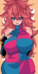 absurd_res android_21 android_21_(good) android_21_(human) big_breasts blue_eyes blush brown_hair cute dragon_ball dragon_ball_z long_hair messy_hair omochi_db