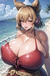 1girls ai_generated beach blush blush blushing_at_viewer breasts breasts_bigger_than_head cleavage earmuffs female hair_between_eyes huge_breasts light_brown_hair lipstick looking_at_viewer ocean red_dress red_lipstick short_hair smile smiling smiling_at_viewer solo solo_female solo_focus sundress sweat sweating sweaty_breasts touhou toyosatomimi_no_miko yellow_eyes