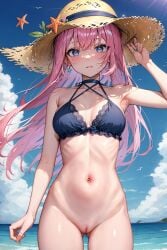 1girls ai_generated blue_bra blue_eyes bra bra_only cassandra_(soul_knight) cleavage pink_hair pussy soul_knight straw_hat witch witch_(soul_knight)