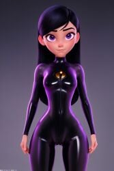 1girls 2020s 2023 2:3 6_fingers ai_generated black_hair bodysuit cameltoe closed_mouth clothed clothing eyebrows eyes female female_focus female_only fully_clothed hair human human_only latex latex_clothing latex_suit open_eyes pin3d pixar png purple_bodysuit purple_clothing purple_eyes purple_latex rubber rubber_clothing rubber_suit shiny_clothes solo standing the_incredibles tight_clothing violet_parr zipper