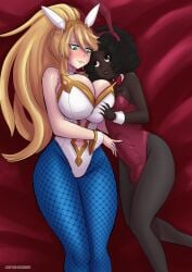 1futa 1girls artoria_pendragon breast_grab breasts clothed clothing dark-skinned_futanari dark_skin fake_animal_ears fate/grand_order fate_(series) futa_on_female futanari grabbing grabbing_breasts huge_breasts huge_cock interracial lying penis playboy_bunny umeyiyo