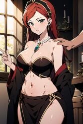 1girls ai_generated big_breasts breasts busty cleavage female grey_eyes hilda_boreas_greyrat large_breasts long_hair mature mature_female mature_woman midriff milf mushoku_tensei navel pelvic_curtain red_hair smile solo voluptuous