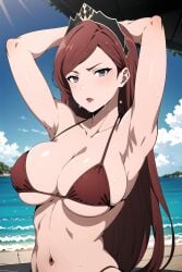 1girls ai_generated armpits arms_behind_head big_breasts bikini busty cleavage female female_only hilda_boreas_greyrat large_breasts long_hair looking_at_viewer mature mature_female mature_woman mushoku_tensei navel pose posing red_bikini red_hair sensual sexy_armpits solo