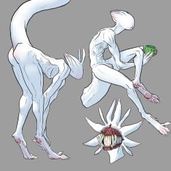 absurd_res andromorph antennae_(anatomy) ass clawed_fingers claws cuntboy eyeless genitals hi_res hindpaw humanoid intersex ishmael_(core34) monster pawpads paws pussy quills raised_tail sharp_teeth slim solo tail teeth thecore34 toe_claws white_body white_skin