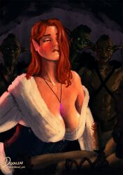 1girls cleavage corset dockleaf elf_ears female freckles goblin goblin_male horny red_hair redhead straight tagme