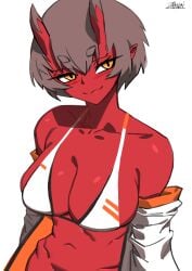 bare_shoulders bikini bikini_top black_hair blank_background breasts eyeliner female female horns kidouko_(zakusi) oni open_jacket orange_eyes partially_clothed red_oni red_skin short_hair swimsuit zakusi