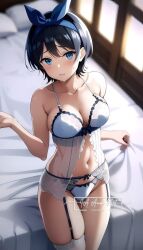 1girls ai_generated artist_request babydoll black_hair blue_eyes blush facebook_username garter_belt kanojo_okarishimasu lenceria lingerie looking_at_viewer sarashina_ruka white_bikini