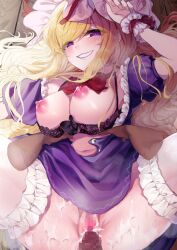 1boy arm_up black_bra blonde_hair blush bra breasts breasts_out breath censored commission cum cum_in_pussy cum_on_legs disembodied_limb dress eyelashes feet_out_of_frame female fingernails frilled_thighhighs frills grin hair_between_eyes hair_ribbon hat hat_ribbon highres ishikawa_sparerib large_areolae large_breasts looking_at_viewer lying mob_cap mosaic_censoring navel on_back penis pov puffy_nipples puffy_short_sleeves puffy_sleeves purple_dress purple_eyes red_ribbon ribbon sex short_hair short_sleeves skeb_commission smile stomach straight sweatdrop thighhighs torso_grab touhou tress_ribbon underwear vaginal_penetration white_headwear white_thighhighs wooden_floor wrist_cuffs yukari_yakumo