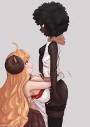 1futa 1girls afro anila_(granblue_fantasy) blonde_hair breasts clothed clothed_sex clothing dark-skinned_futanari dark_skin futa_on_female futanari granblue_fantasy horns huge_breasts interracial long_hair looking_at_viewer paizuri size_difference umeyiyo