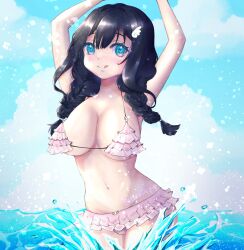 1girls amano_nene_(vtuber) artist_name belly_button bikini black_hair blue_eyes breasts female female_only hair_ornament heart-shaped_pupils huge_breasts licking_lips light-skinned_female light_skin outside pink_bikini production_kawaii solo splashing starshinepup swimsuit symbol-shaped_pupils virtual_youtuber water