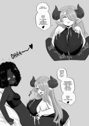 1futa 1girls big_breasts breasts clothed clothed_sex clothing cum cum_on_breasts dark-skinned_futanari dark_skin dirty_talk english_text female futa_on_female futanari granblue_fantasy horns huge_breasts huge_cock interracial looking_at_viewer monochrome narmaya_(granblue_fantasy) paizuri size_difference speech_bubble text umeyiyo