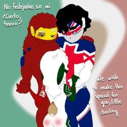 1girls 2boys ass countryhumans countryhumans_girl english_text female male mexico_(countryhumans) muscular muscular_male petite simple simple_background spain_(countryhumans) spanish_text text tomboy united_kingdom_(countryhumans)