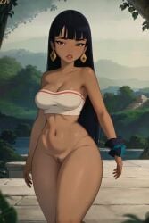 ai_generated bottomless brown_eyes_female brown_hair chel chel_(the_road_to_el_dorado) dark_hair dreamworks earrings landing_strip long_hair pubic_hair solo solo_female the_road_to_el_dorado thick_thighs