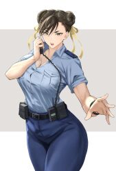 1girls artist_request big_breasts breast_press breasts capcom chun-li cleavage female female_only hair_buns holding_object huge_breasts mature mature_female milf no_bra police police_uniform policewoman radio street_fighter sweat thick_thighs uniform voluptuous watch